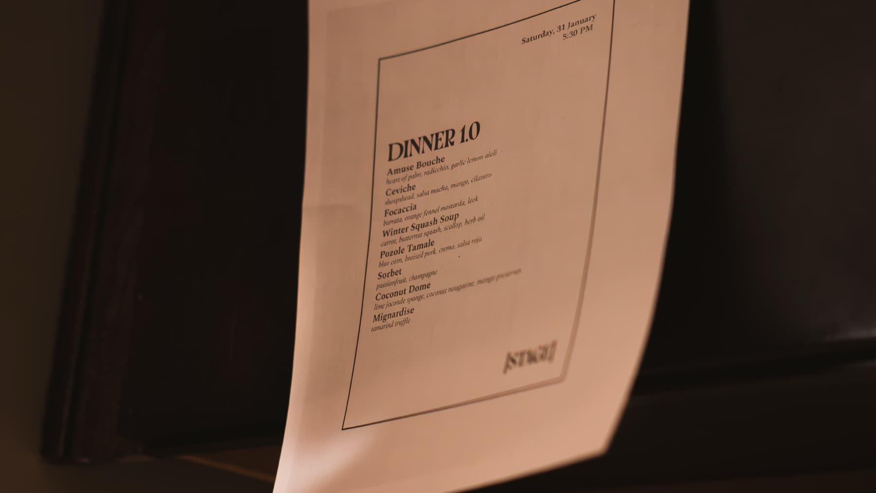 The printed Dinner 1.0 menu
